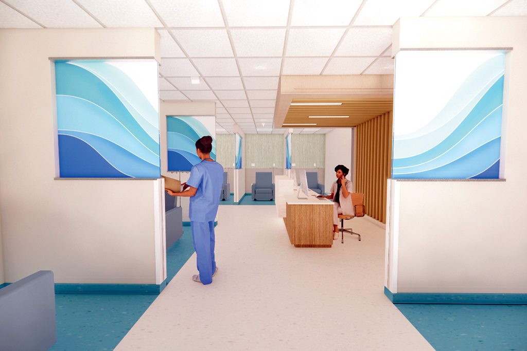 Early Phase Clinical Research Center patients will receive treatment in this “open treatment” area that ensures patient privacy and provides a line of sight from the nurse’s station to enhance patient safety. 

    
  
PHOTO RENDERING COURTESY RIM ARCHITECTS