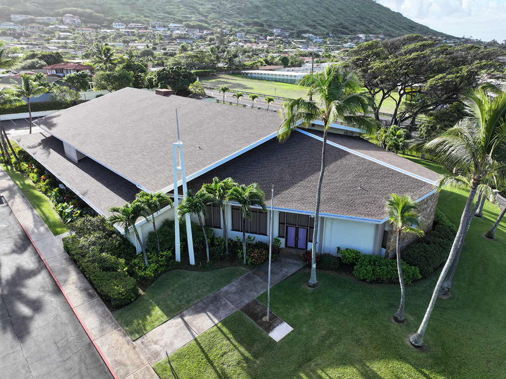 Pictured above is the finished roof at the LDS Church in Hawai‘i Kai following completion of Pacific Island Group’s replacement project in 2023.