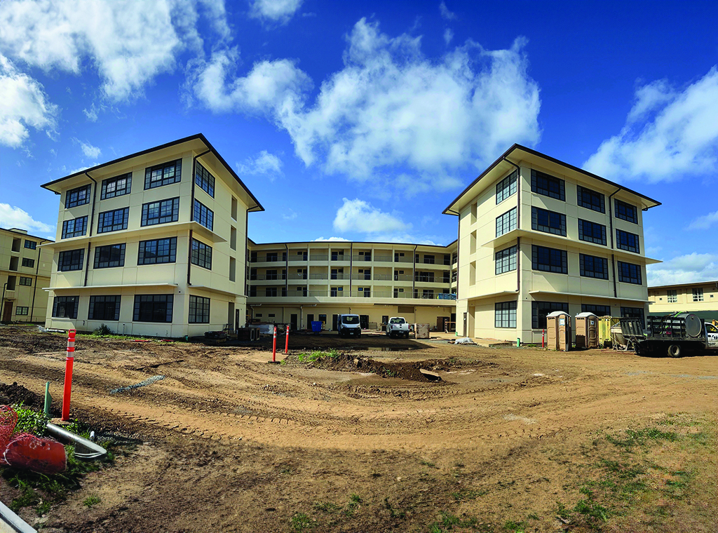 This Nan Inc. Bachelor Enlisted Quarters project at Marine Corps Base Hawaii is valued at $122.57 million and is expected to wrap in July.
PHOTO COURTESY NAN INC.
