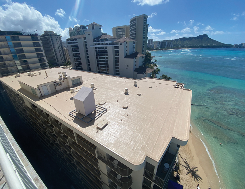 Pictured above is one of True Home Hawaii’s commercial projects in 2023, the Outrigger Reef Hotel in Waikīkī, where applying silicone provided a seamless and watertight finish.
PHOTO COURTESY TRUE HOME HAWAII ROOFING
