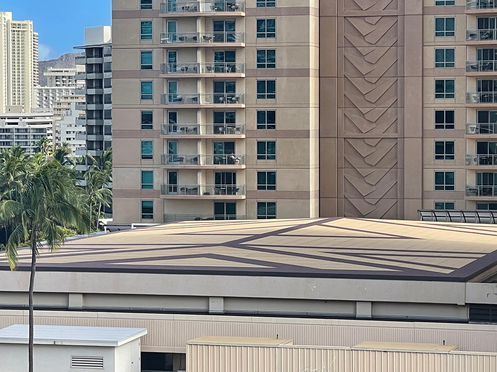 Surrounding towers limited the options for staging areas to service Honolulu Roofing’s project at the Hilton Hawaiian Village Tapa Ballroom.