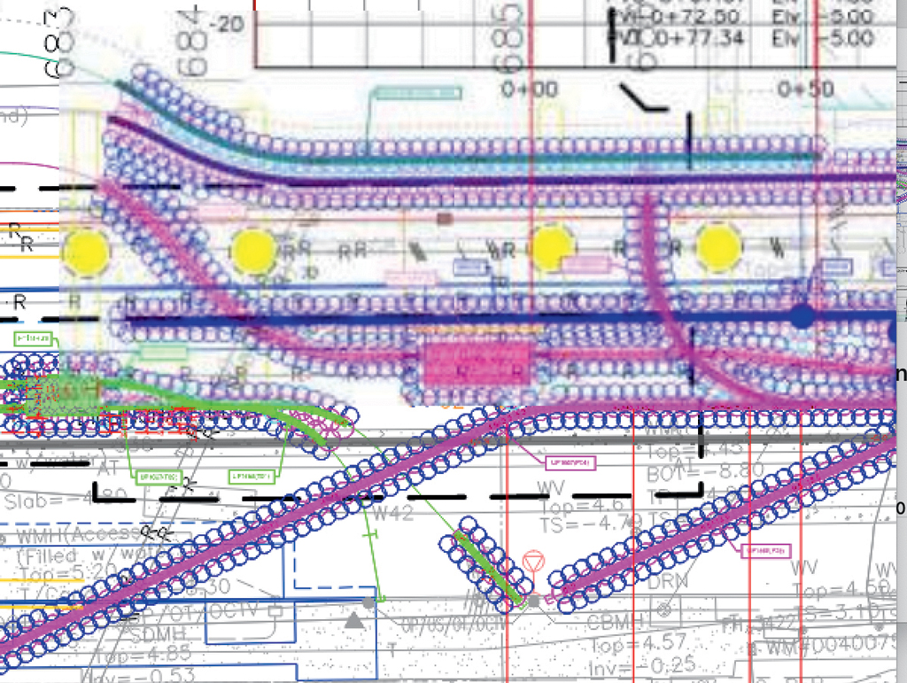 A map shows an overlapping pattern of underground jet grout columns (white circles) currently being installed beneath Dillingham Boulevard.  



IMAGE COURTESY NAN INC.