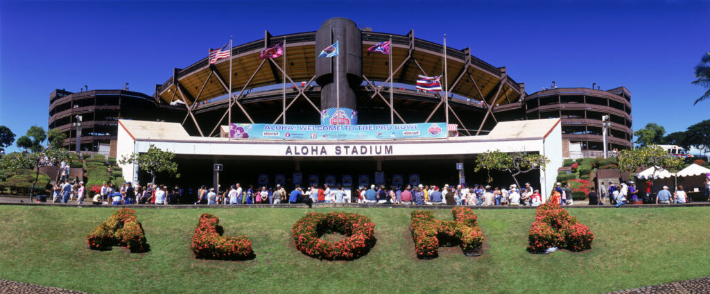 A photo of the main entry gate to the existing Aloha Stadium structure while it was still in operation.