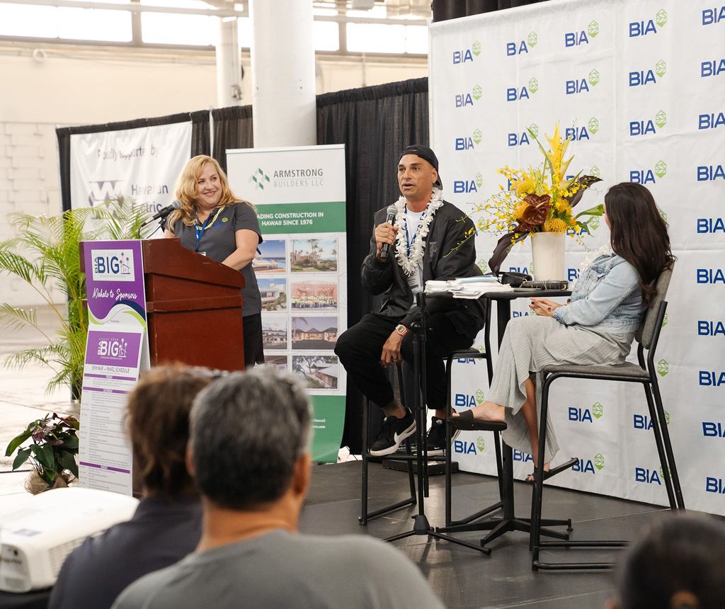 HGTV’s “Renovation Aloha” hosts Kamohai Kalama, middle, and Tristyn Kalama, right, take questions at the 2024 BIA Home Show as BIA Hawaii CEO Roseann Freitas moderates.