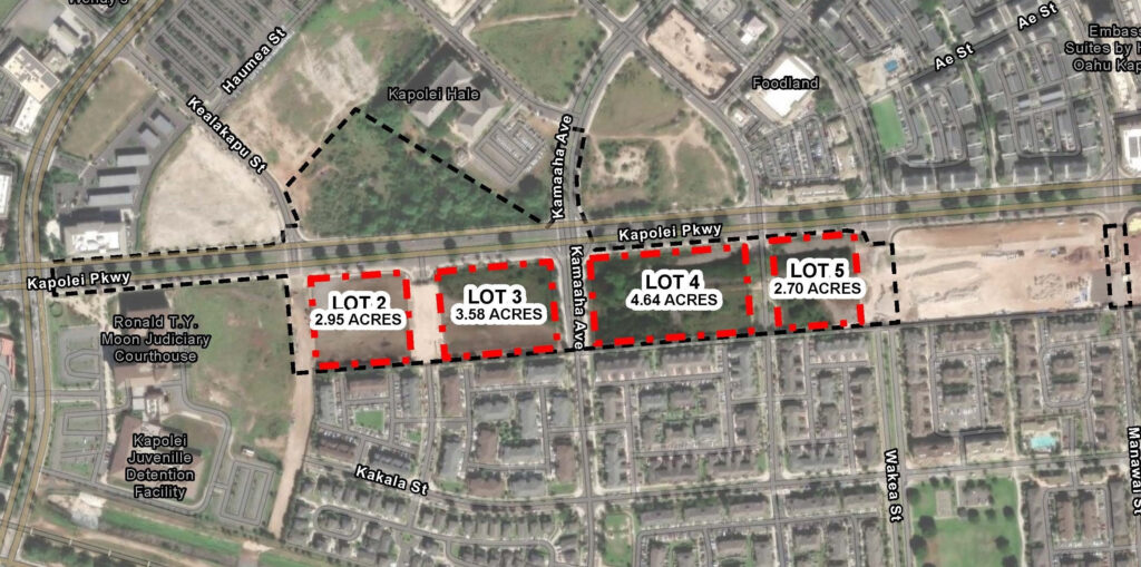 Aerial view of the nearly 14-acre parcel in Kapolei between Wākea Street and Kamokila Boulevard